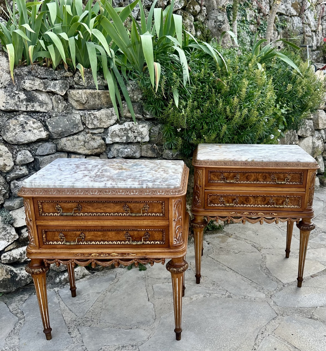 Pair Of Small Louis XVI Style Burrwood Chests Of Drawers Or Bedside Tables, 20th Century.-photo-1