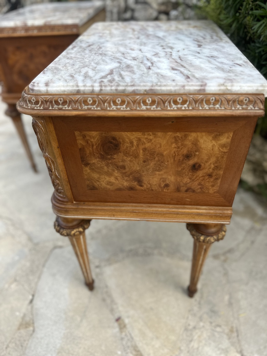 Pair Of Small Louis XVI Style Burrwood Chests Of Drawers Or Bedside Tables, 20th Century.-photo-2