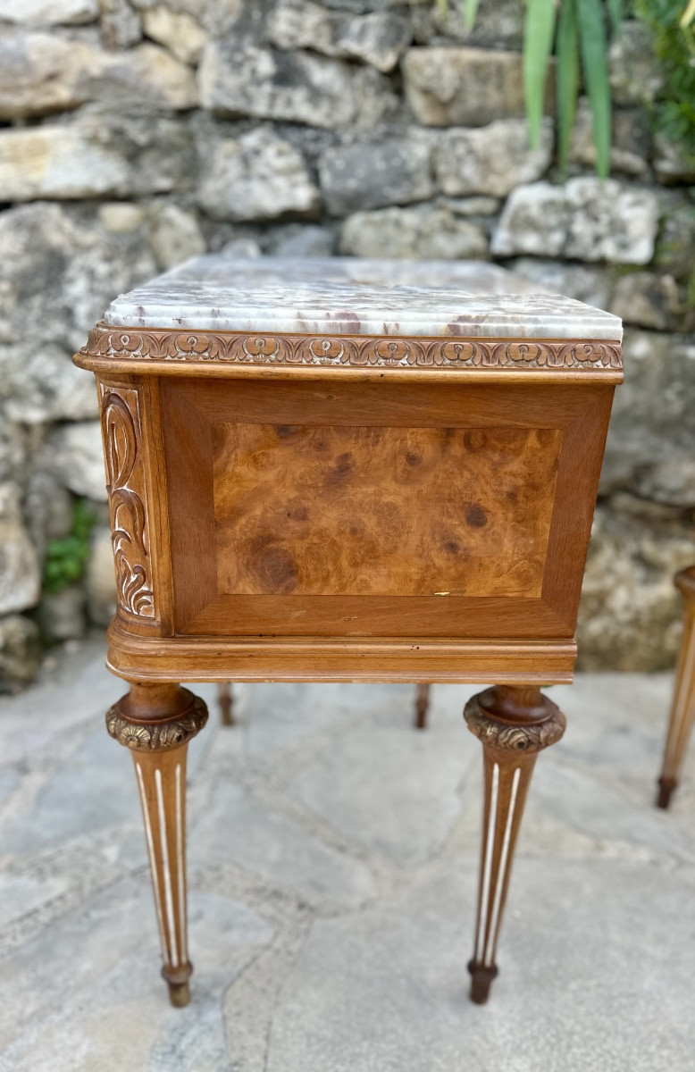 Pair Of Small Louis XVI Style Burrwood Chests Of Drawers Or Bedside Tables, 20th Century.-photo-3