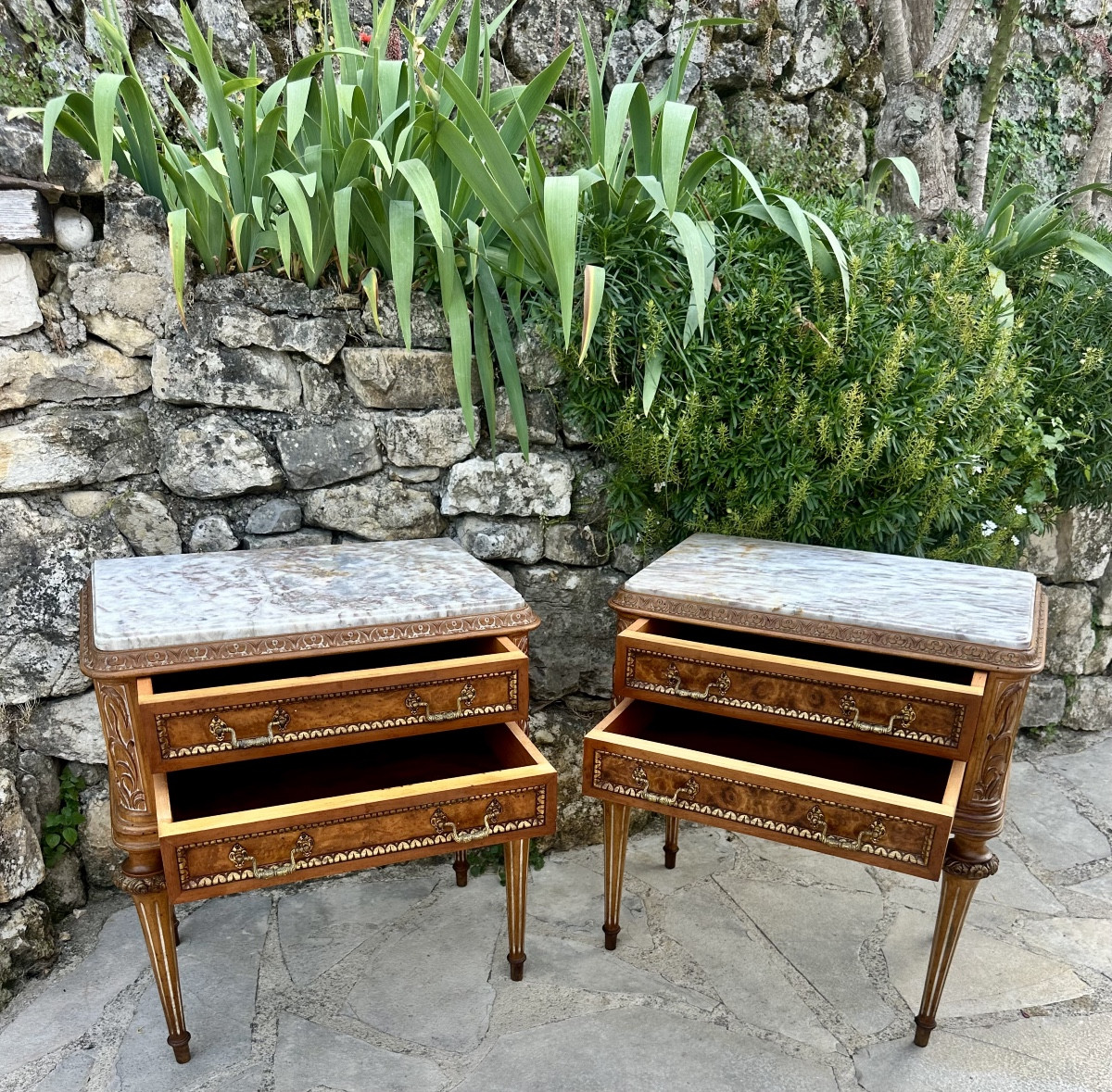 Pair Of Small Louis XVI Style Burrwood Chests Of Drawers Or Bedside Tables, 20th Century.-photo-4