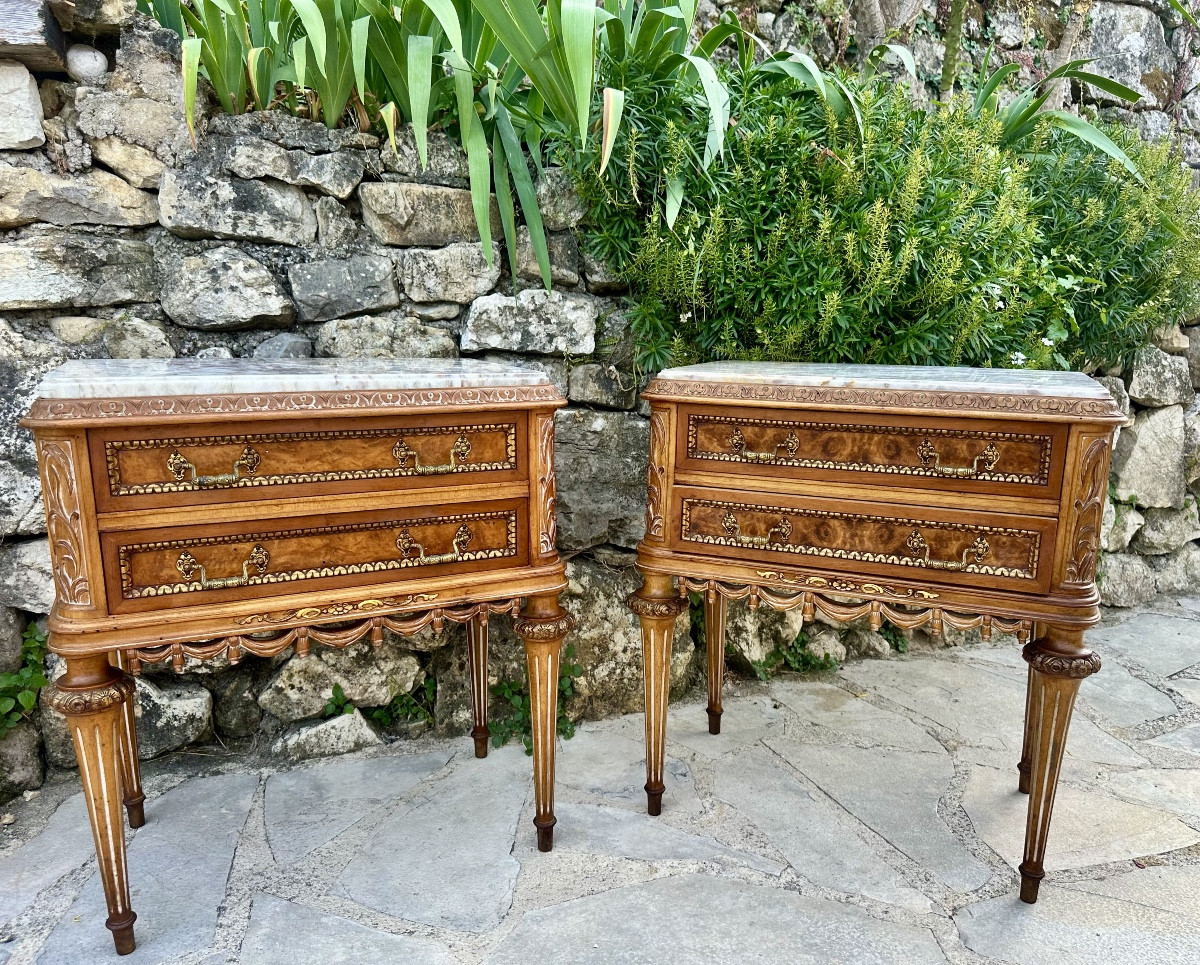 Pair Of Small Louis XVI Style Burrwood Chests Of Drawers Or Bedside Tables, 20th Century.-photo-8