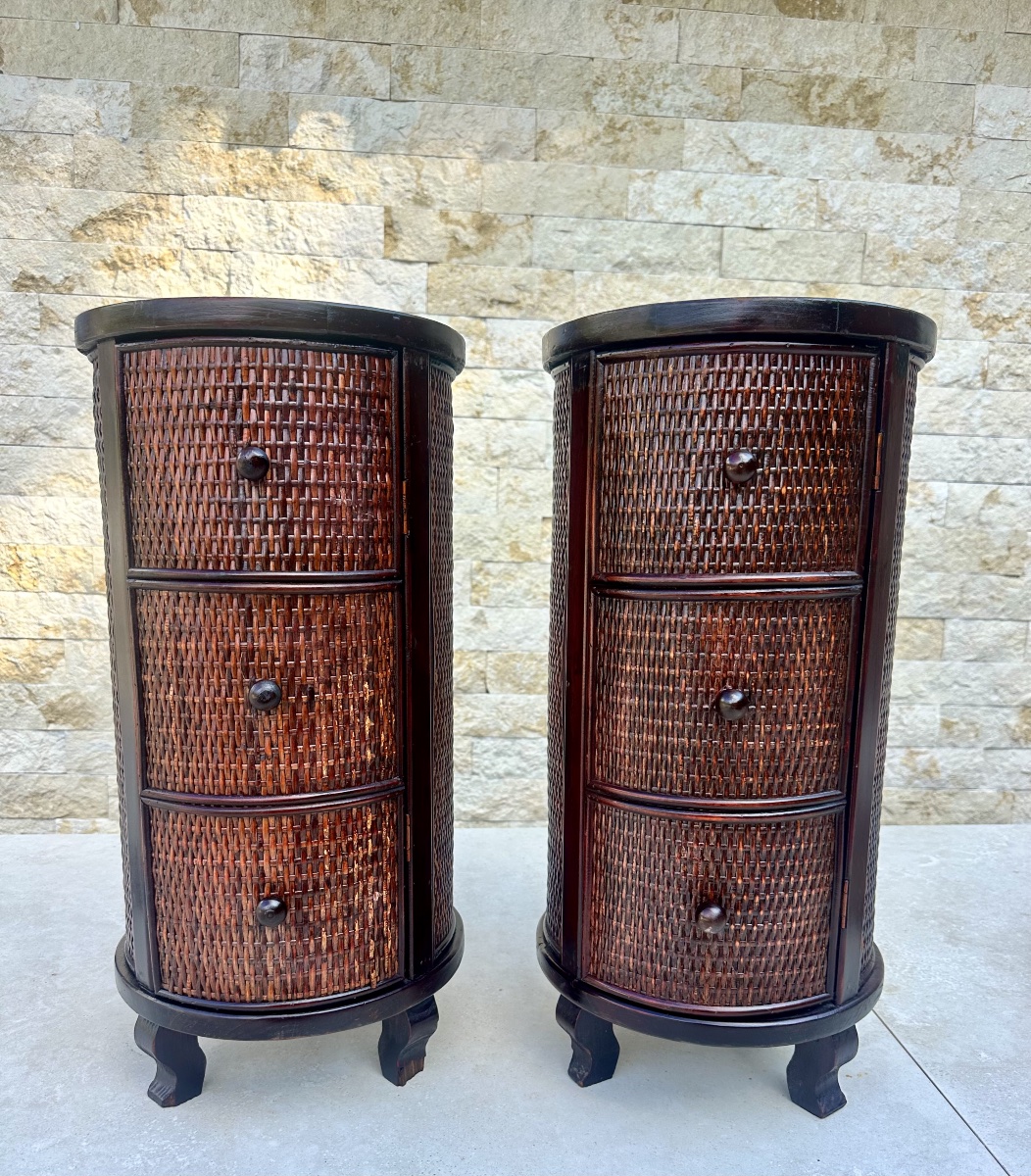 Pair Of Cylindrical Nightstands Made Of Exotic Wood And Woven Wicker. 20th Century -photo-2