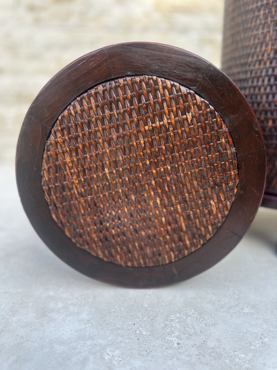 Pair Of Cylindrical Nightstands Made Of Exotic Wood And Woven Wicker. 20th Century -photo-4