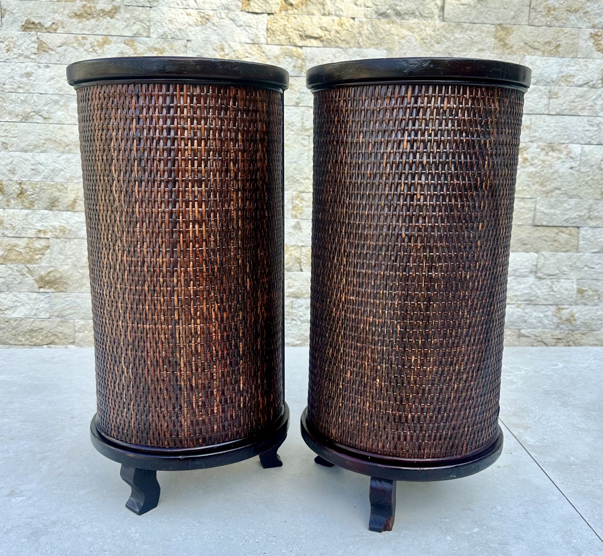 Pair Of Cylindrical Nightstands Made Of Exotic Wood And Woven Wicker. 20th Century -photo-1