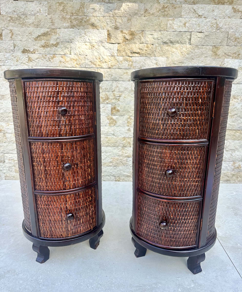 Pair Of Cylindrical Nightstands Made Of Exotic Wood And Woven Wicker. 20th Century -photo-2