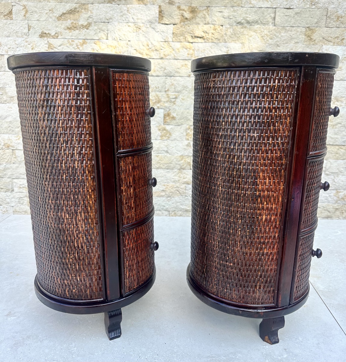 Pair Of Cylindrical Nightstands Made Of Exotic Wood And Woven Wicker. 20th Century -photo-3
