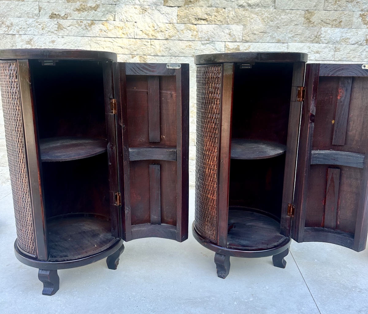 Pair Of Cylindrical Nightstands Made Of Exotic Wood And Woven Wicker. 20th Century -photo-4
