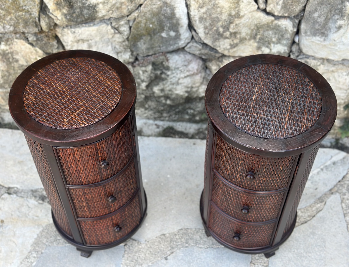 Pair Of Cylindrical Nightstands Made Of Exotic Wood And Woven Wicker. 20th Century -photo-5