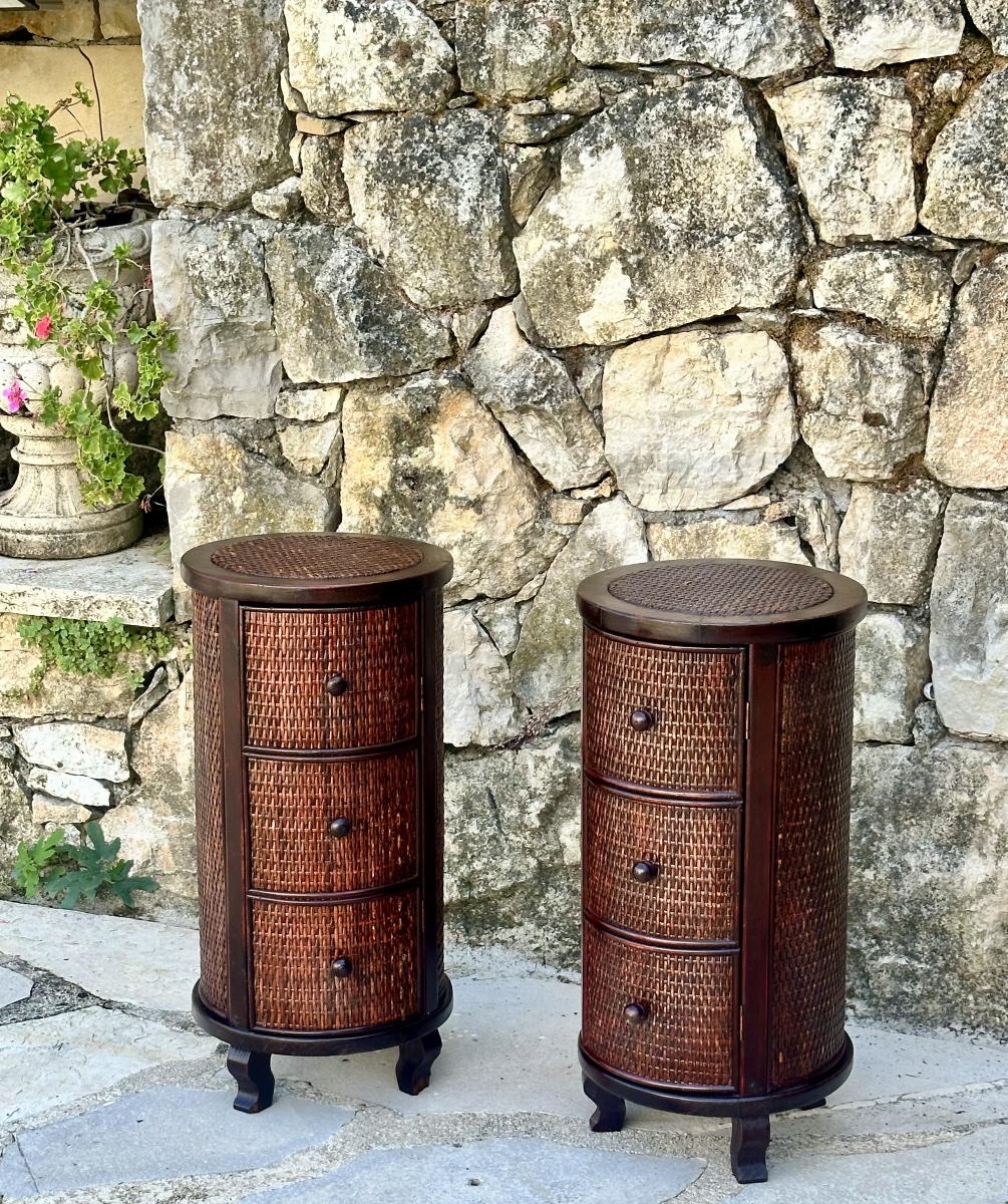 Pair Of Cylindrical Nightstands Made Of Exotic Wood And Woven Wicker. 20th Century -photo-6
