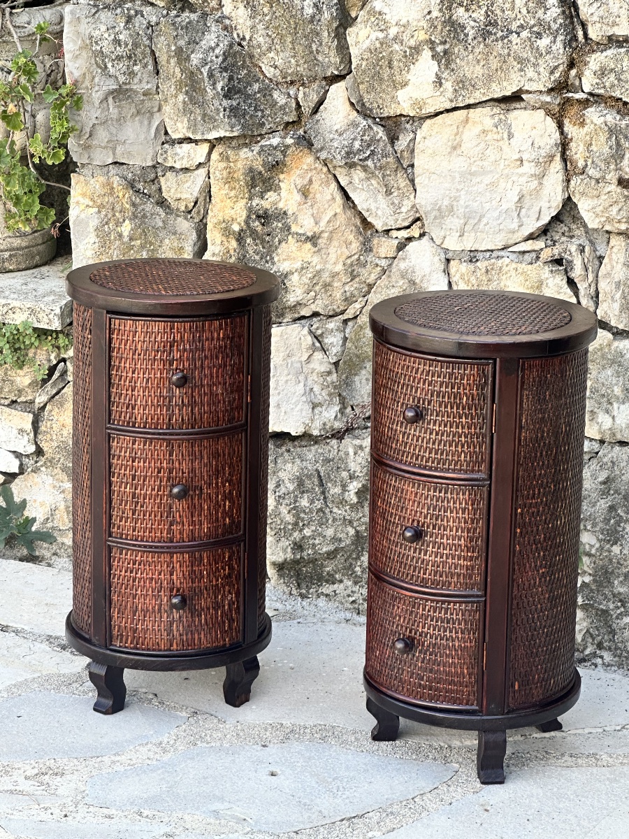 Pair Of Cylindrical Nightstands Made Of Exotic Wood And Woven Wicker. 20th Century -photo-7