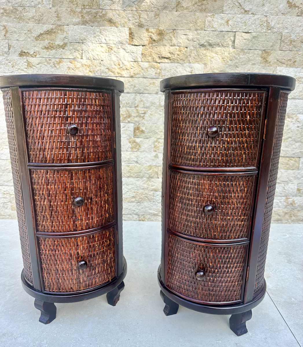 Pair Of Cylindrical Nightstands Made Of Exotic Wood And Woven Wicker. 20th Century -photo-8