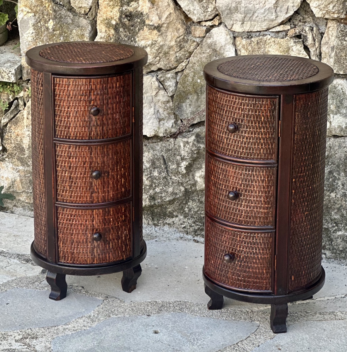 Pair Of Cylindrical Nightstands Made Of Exotic Wood And Woven Wicker. 20th Century 