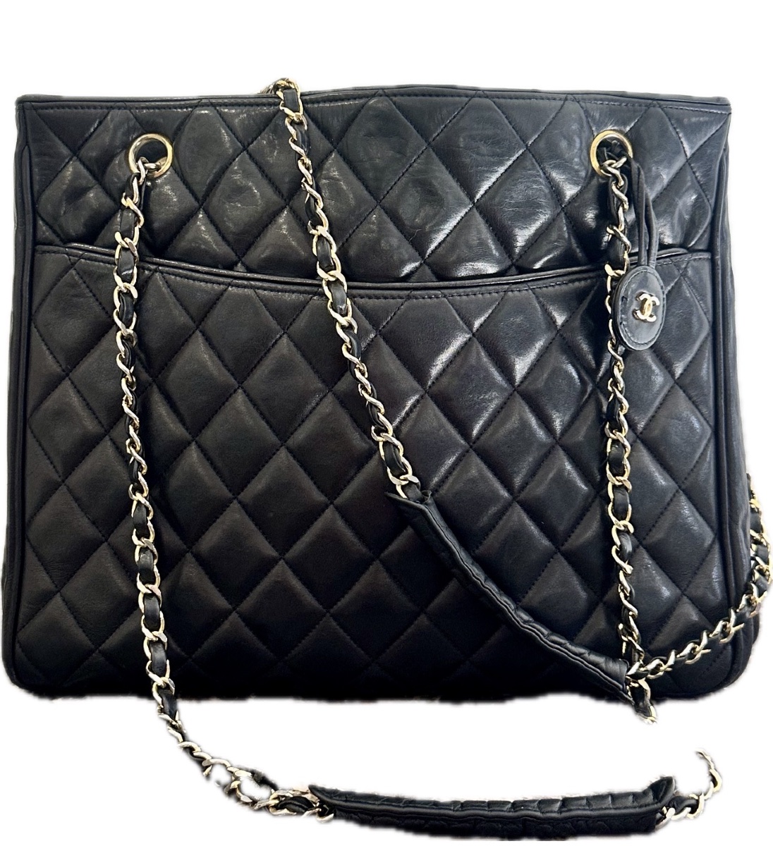 Grand Sac Cabas Chanel Vintage en cuir d’agneau noir. Ère Karl Lagerfeld  Circa 1986/19888.-photo-3