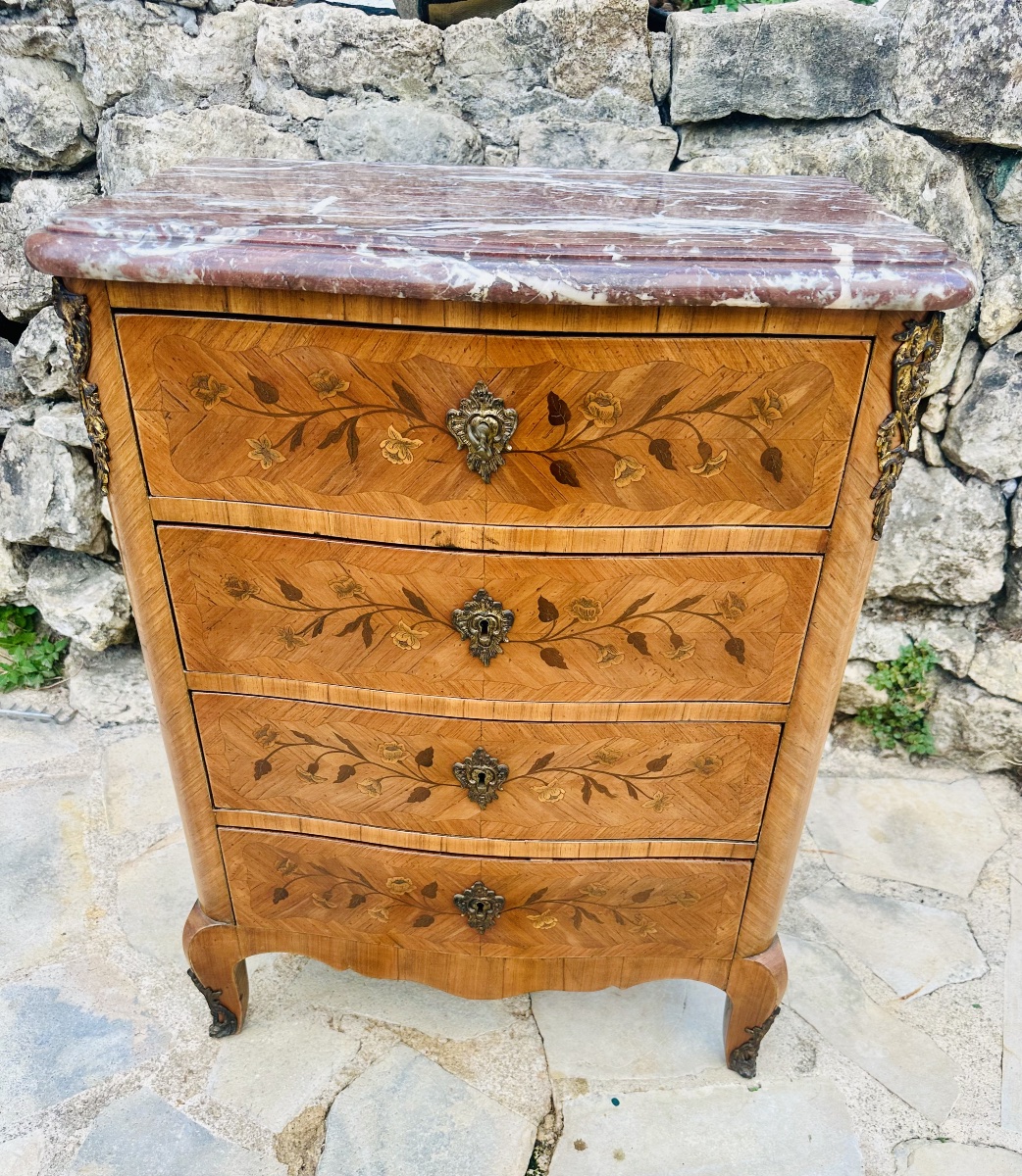 Chiffonnière en Marqueterie  Époque Louis XV. Estampillée Boudin Léonard.-photo-7