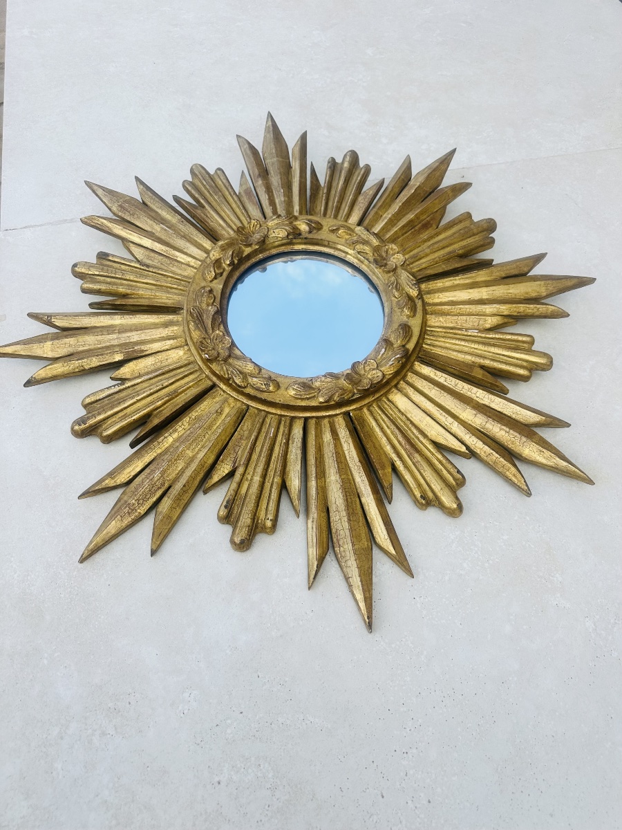 Large Sun Mirror In Gilded Carved Wood, 20th Century.-photo-1