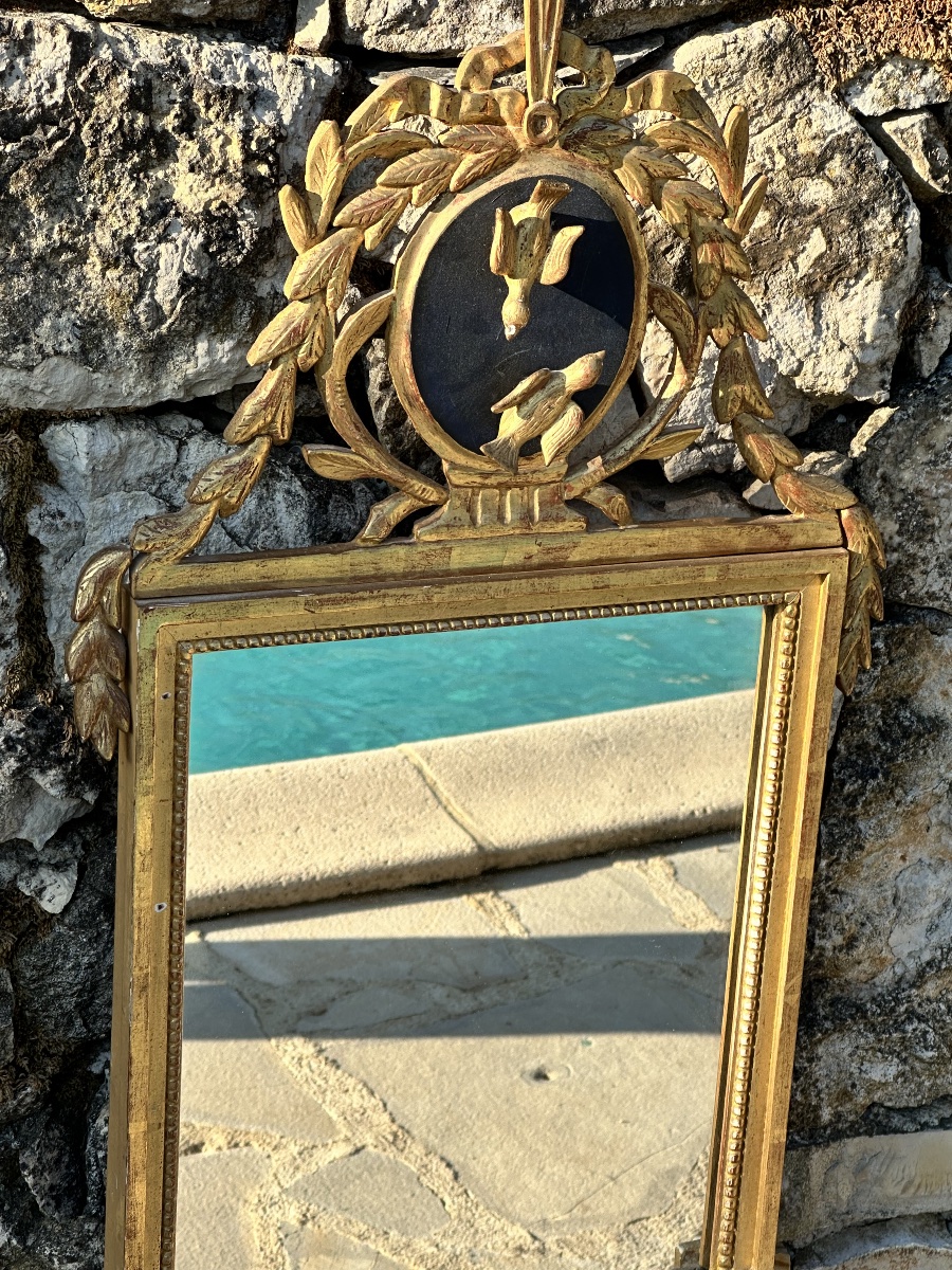 Magnifique Miroir Trumeau « Aux oiseaux » ,en  bois doré sculpté .Époque XVIII ème siècle.-photo-4