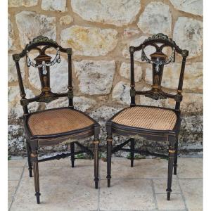 Pair Of Napoleon III Period Chairs In Black Lacquered Wood And Mother Of Pearl.