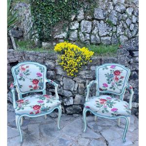 Pair Of Cabriolet Armchairs In Louis XV Style Painted Wood 19th Century 