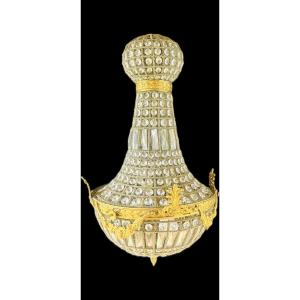 Grand Lustre Montgolfière En Bronze Doré & Pampilles En Verre à Facettes époque XXeme Siècle 