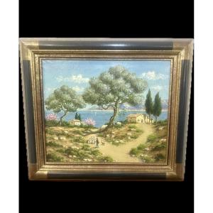 Mediterranean Landscape Painting, Oil On Canvas, 20th Century 