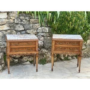 Paire de  petites commodes ou chevets en Loupe de Bois de style Louis XVI Époque XX eme siècle.