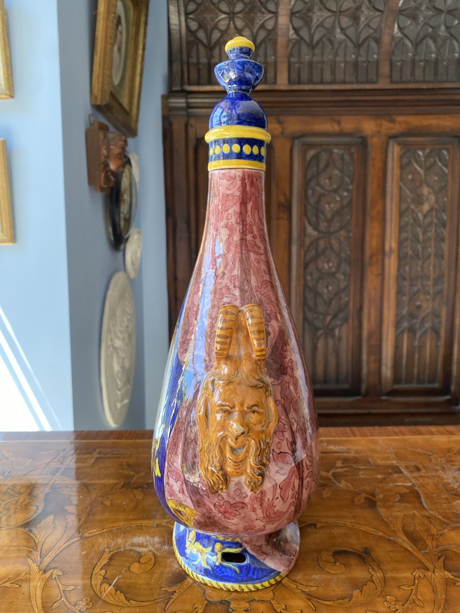Italian Majolica Pilgrim's Flask In Hand-painted Earthenware Signed Ginori With Putti Decor-photo-4