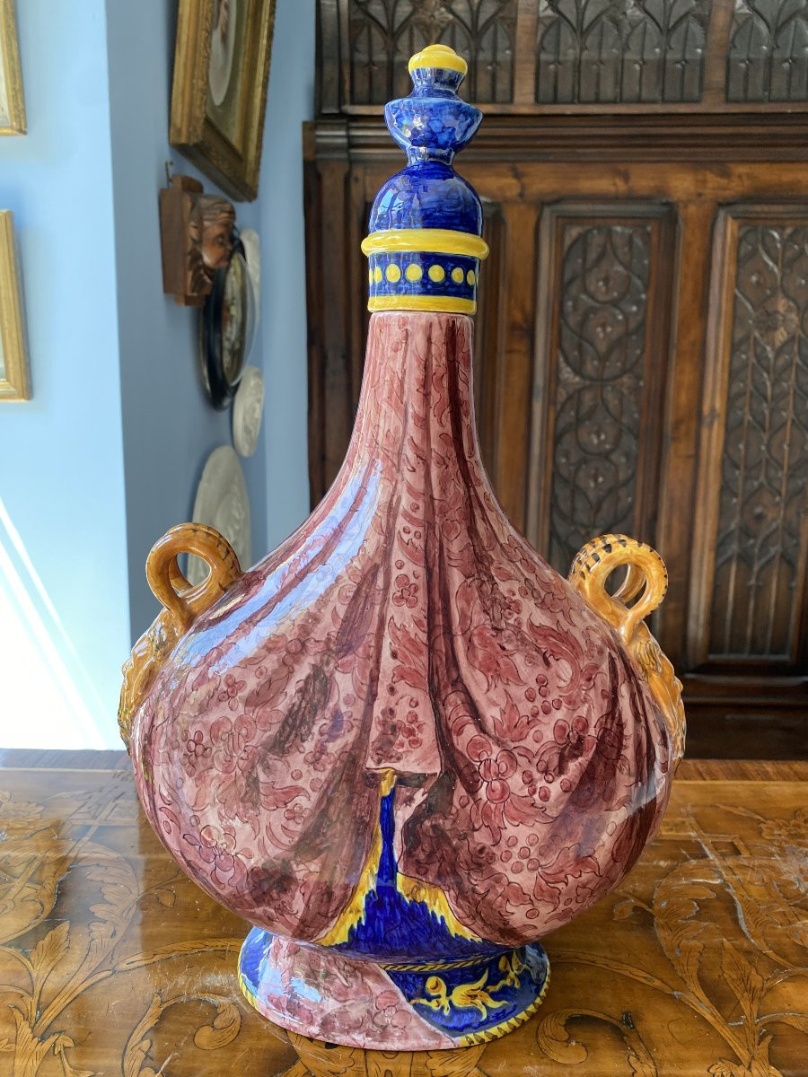 Italian Majolica Pilgrim's Flask In Hand-painted Earthenware Signed Ginori With Putti Decor-photo-6