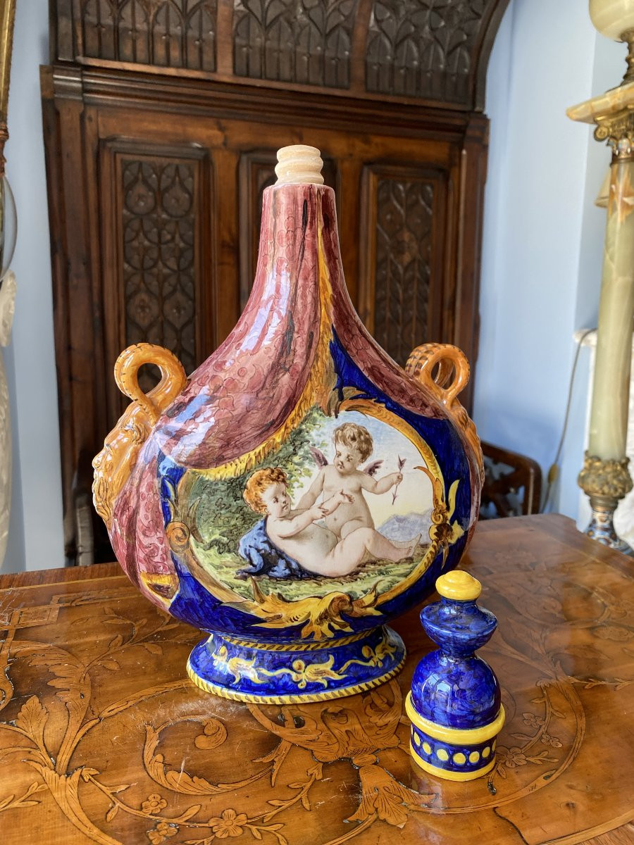 Italian Majolica Pilgrim's Flask In Hand-painted Earthenware Signed Ginori With Putti Decor-photo-8