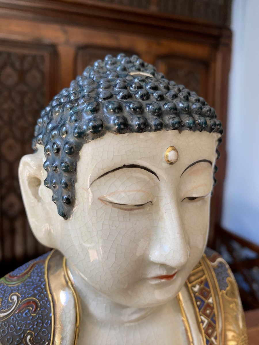 Large Japanese Satsuma Statue Of Buddha In Meditation With Polychrome Lotus Decoration, Meiji-photo-2