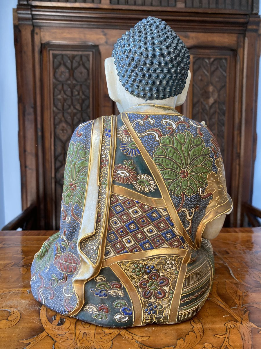 Large Japanese Satsuma Statue Of Buddha In Meditation With Polychrome Lotus Decoration, Meiji-photo-8