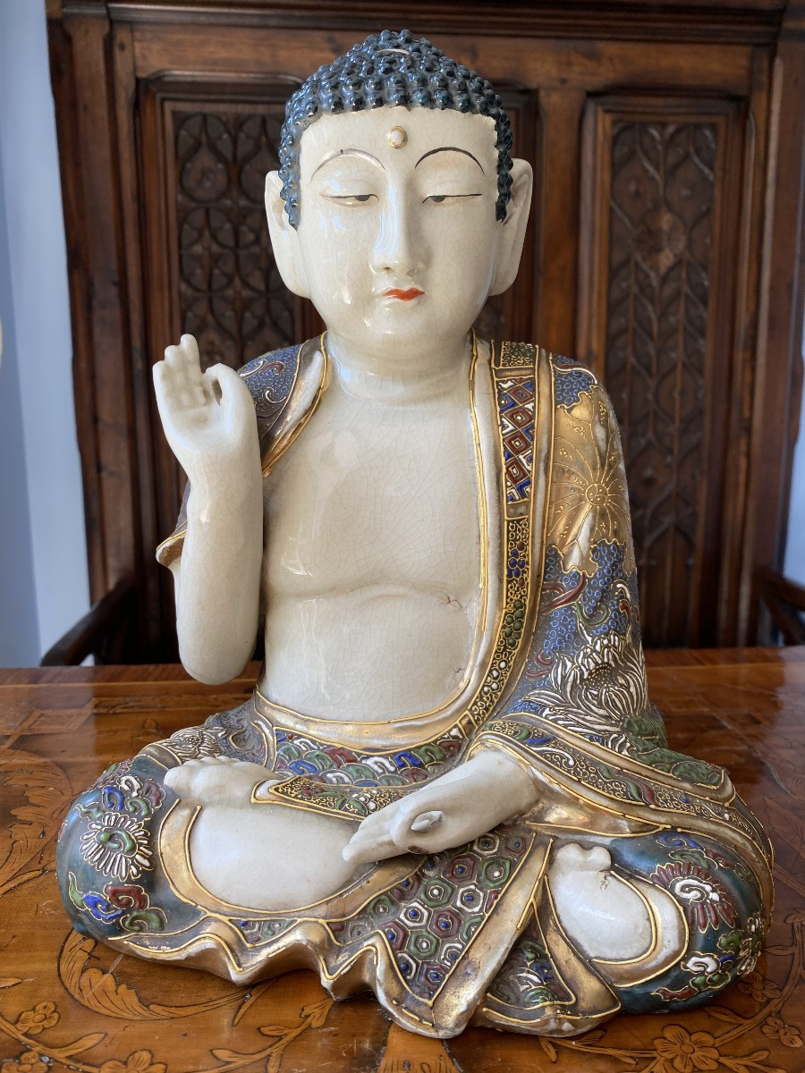 Large Japanese Satsuma Statue Of Buddha In Meditation With Polychrome Lotus Decoration, Meiji