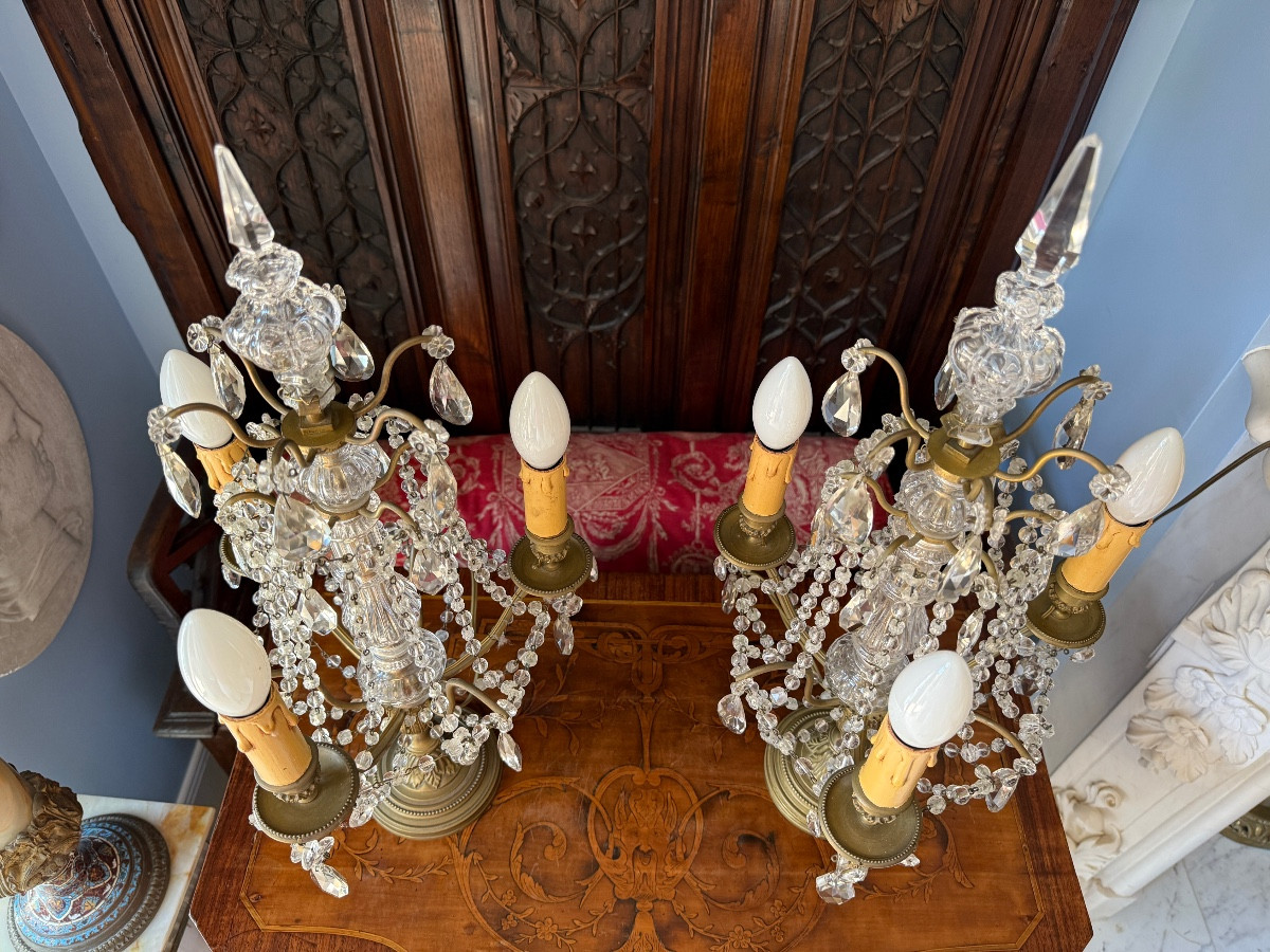 Paire de girandoles de style Louis XVI en bronze et d&eacute;cor de cristal en pampilles, vers 1900-photo-4