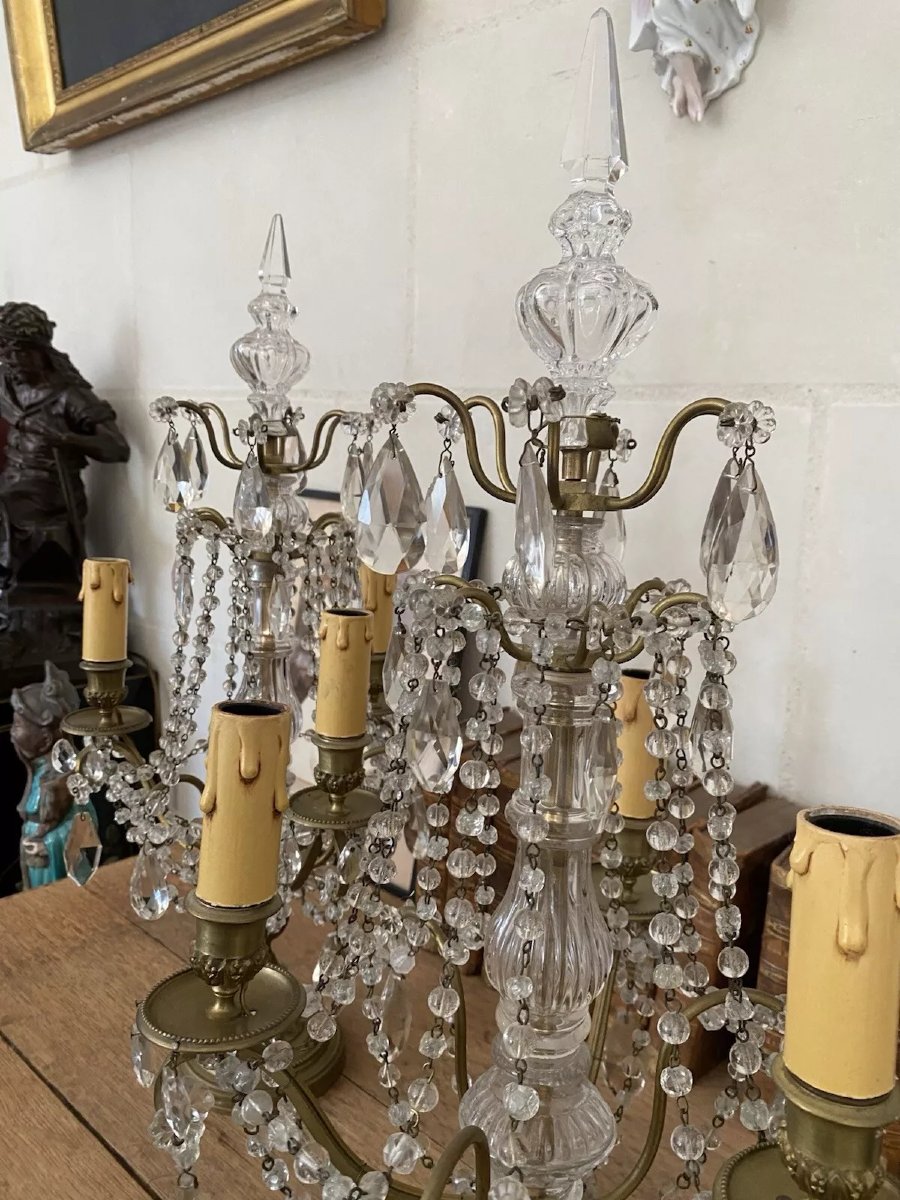Paire de girandoles de style Louis XVI en bronze et d&eacute;cor de cristal en pampilles, vers 1900-photo-8