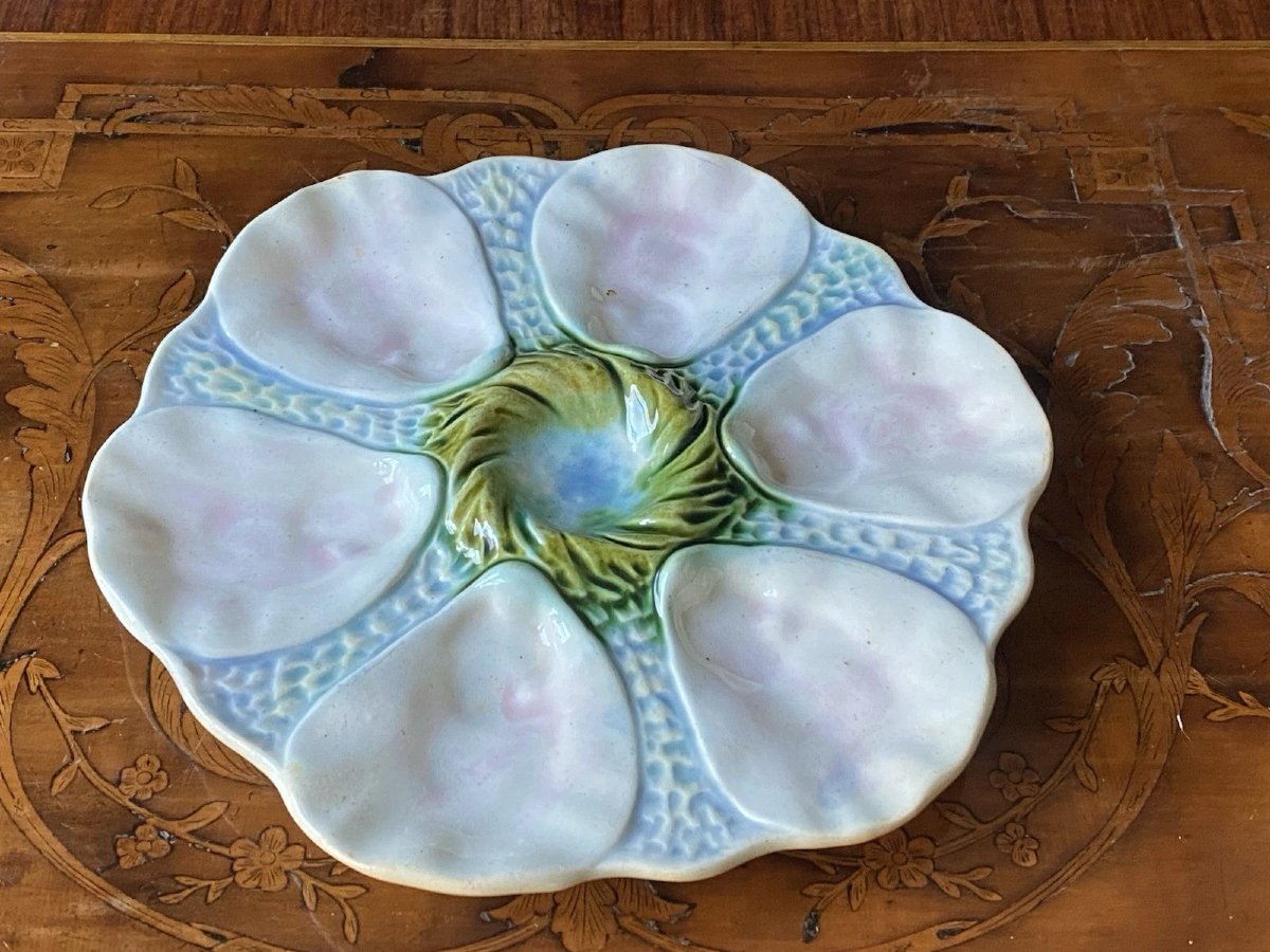 3 Superbes Assiettes à Huitres en Barbotine d'Orchies fin XIXème -photo-1