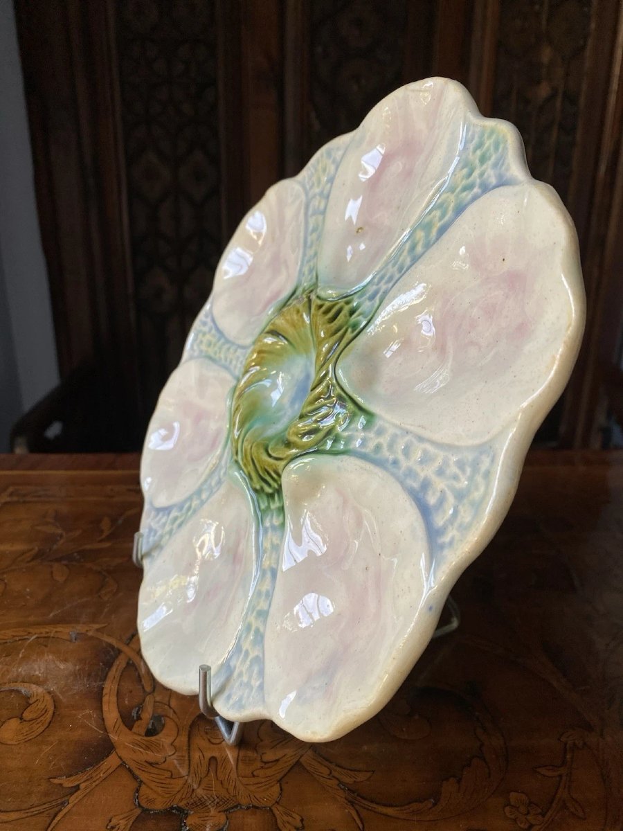 3 Superbes Assiettes à Huitres en Barbotine d'Orchies fin XIXème -photo-2