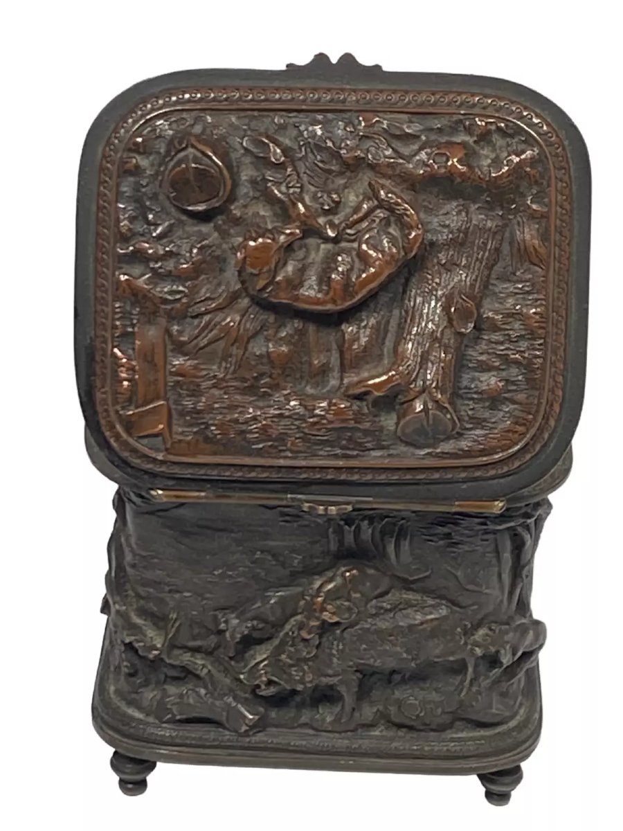Bronze Jewelry Box, Signed Oudry, Hunting Scene With Dog And Horse, Napoleon III-photo-5
