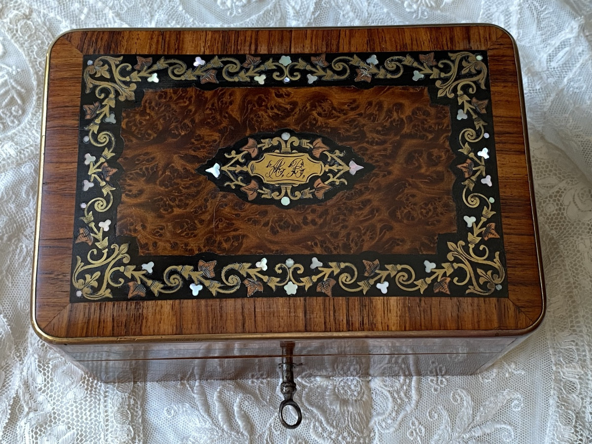 Coffret à bijoux en bois de placage de loupe de noyer, marqueterie Boulle Napoléon III-photo-2