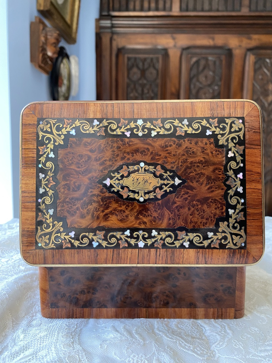 Coffret à bijoux en bois de placage de loupe de noyer, marqueterie Boulle Napoléon III-photo-6