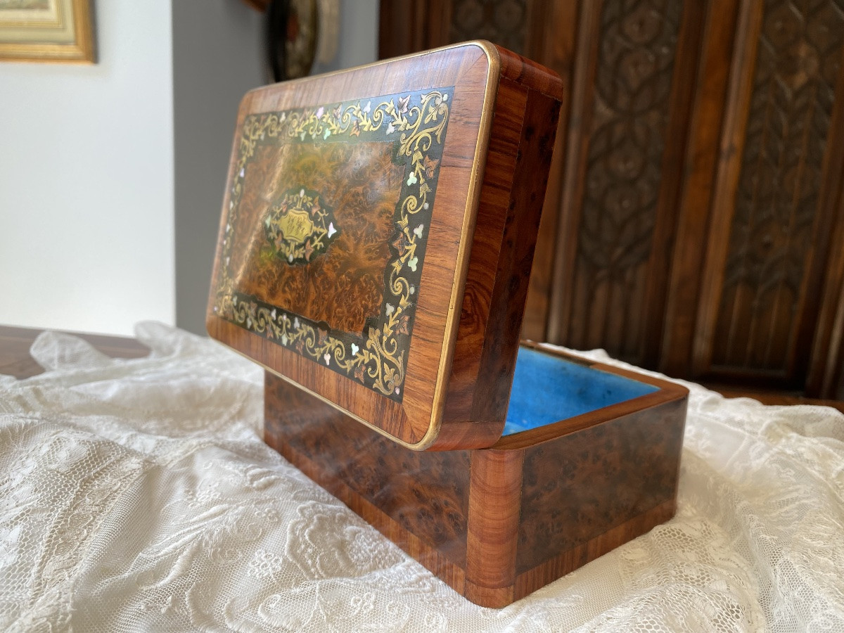 Coffret à bijoux en bois de placage de loupe de noyer, marqueterie Boulle Napoléon III-photo-8
