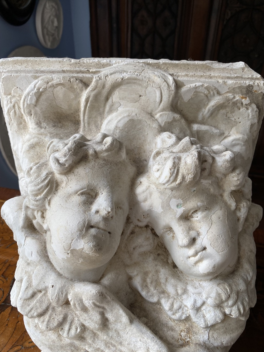 Italian Church Wall Console In Plaster Decorated With 3 Cherubs, XIXth Dated Signed-photo-2