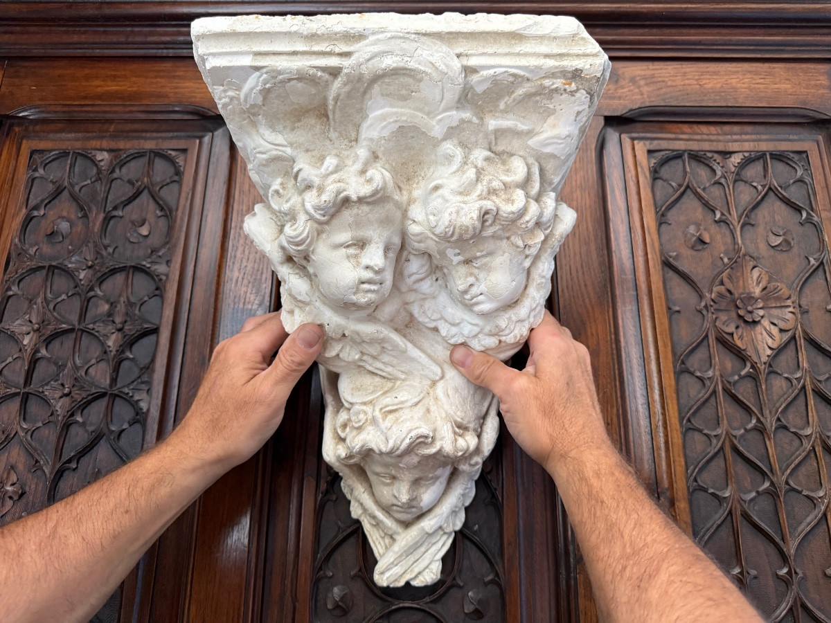 Italian Church Wall Console In Plaster Decorated With 3 Cherubs, XIXth Dated Signed-photo-6