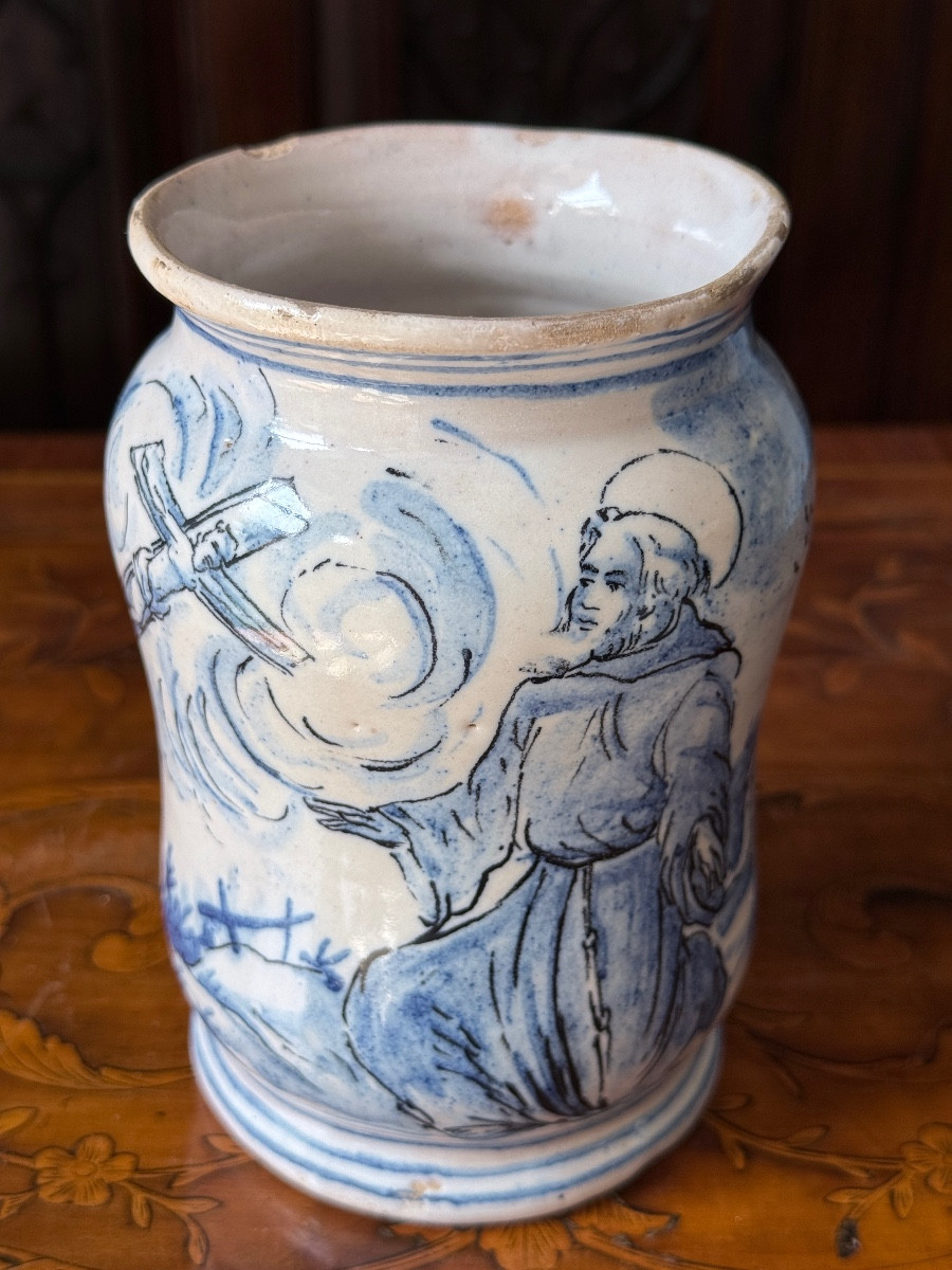Cylindrical Albarello In Earthenware, Blue & White, 18th Century Pharmacy Jar, Italy, Naples-photo-2
