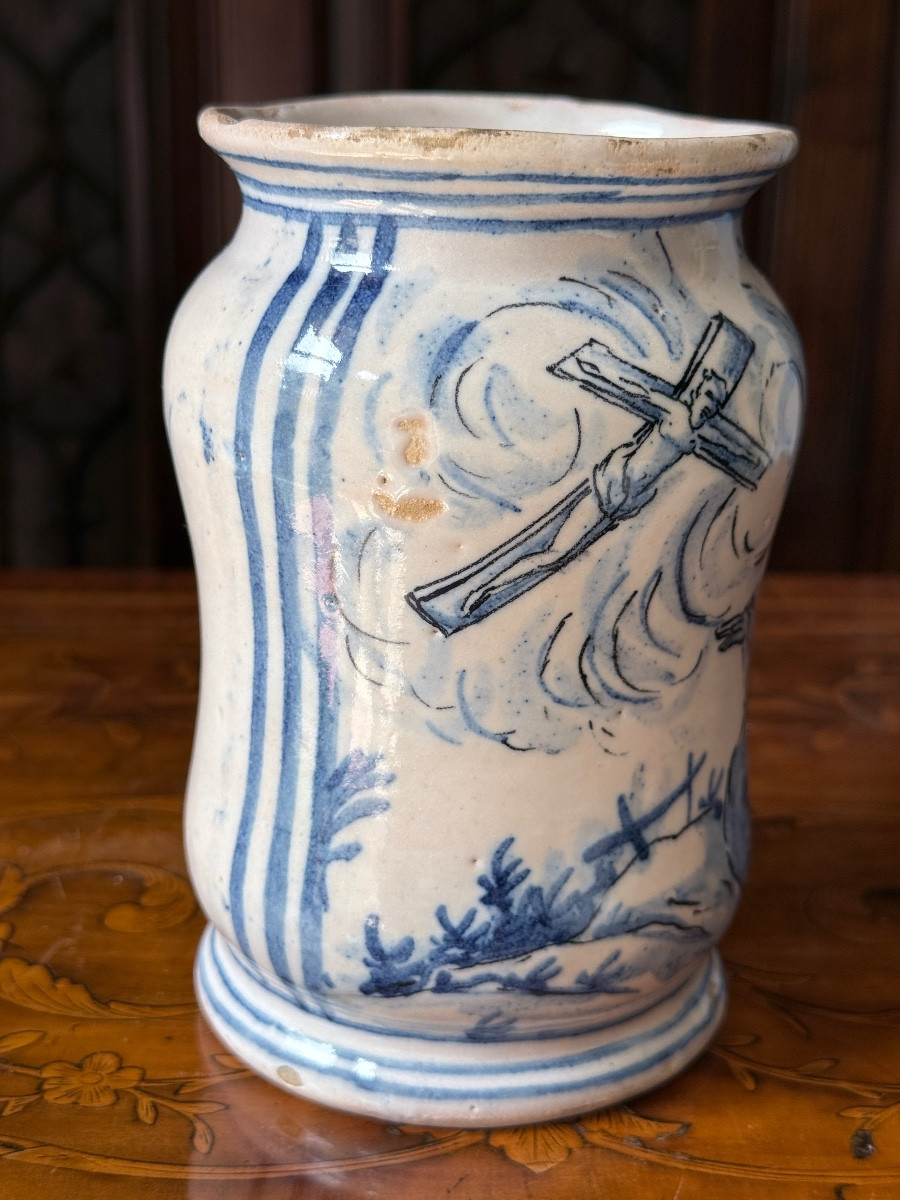 Cylindrical Albarello In Earthenware, Blue & White, 18th Century Pharmacy Jar, Italy, Naples-photo-3