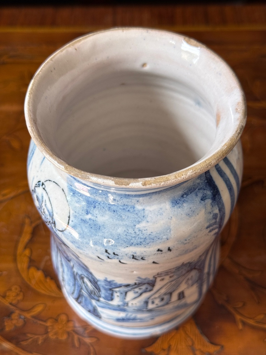 Cylindrical Albarello In Earthenware, Blue & White, 18th Century Pharmacy Jar, Italy, Naples-photo-2