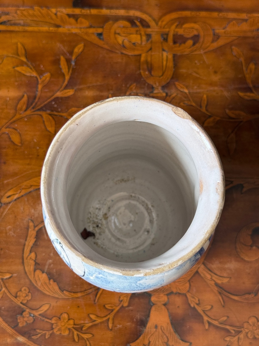 Cylindrical Albarello In Earthenware, Blue & White, 18th Century Pharmacy Jar, Italy, Naples-photo-3