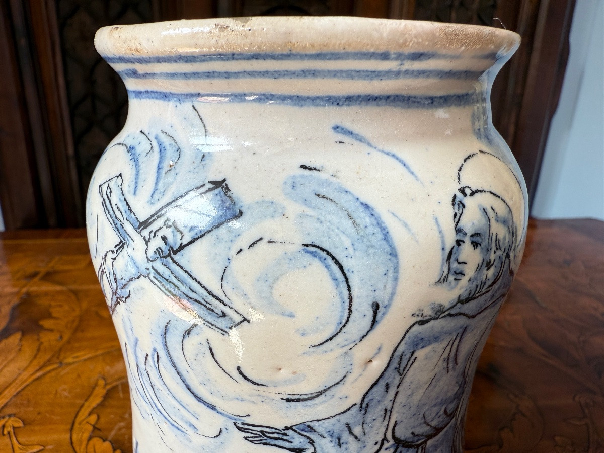 Cylindrical Albarello In Earthenware, Blue & White, 18th Century Pharmacy Jar, Italy, Naples-photo-6