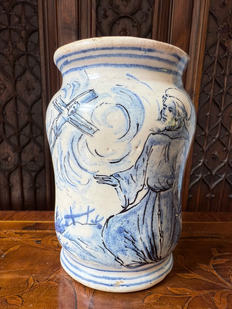 Cylindrical Albarello In Earthenware, Blue & White, 18th Century Pharmacy Jar, Italy, Naples-photo-8