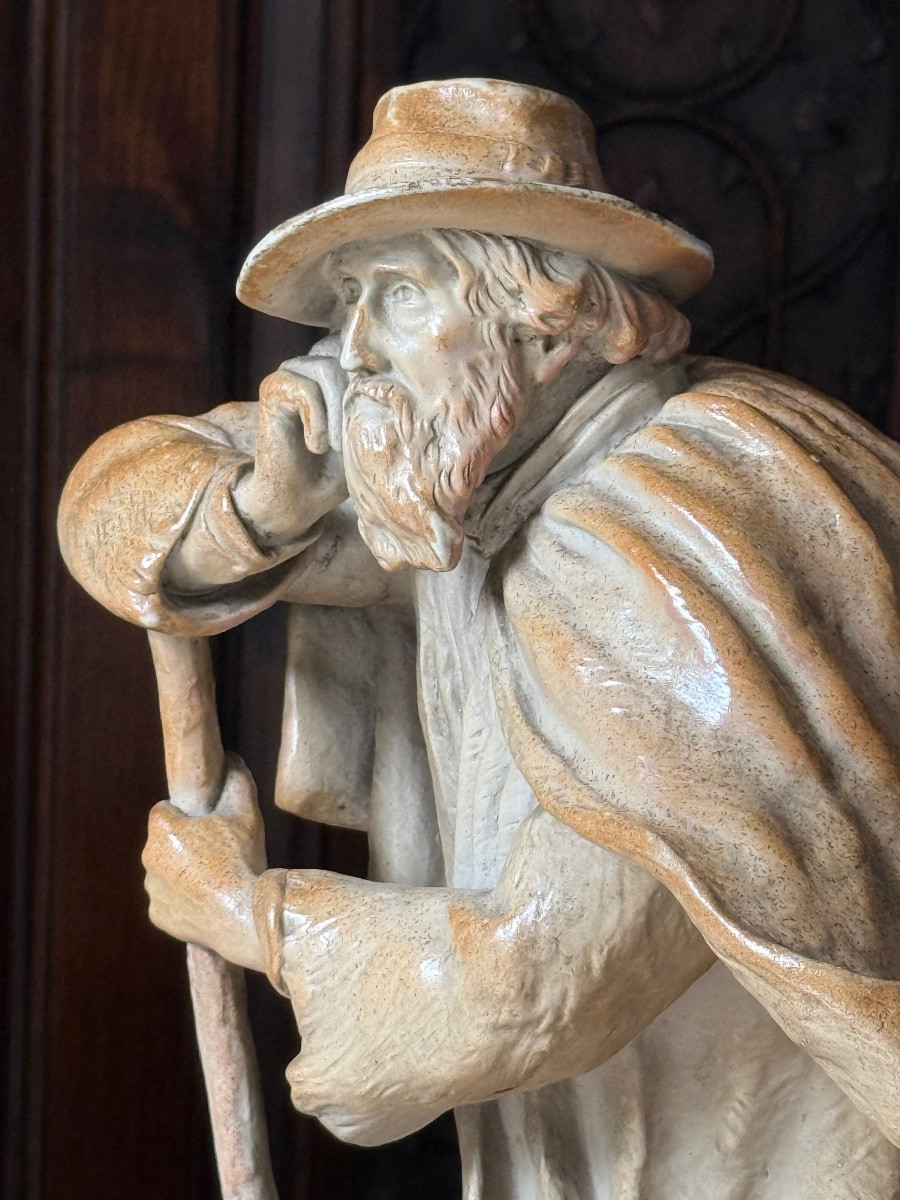 SEVRES Sculpture en gr&egrave;s d&#039;un berger sur socle en bois, Sign&eacute;e D. Vincent,  S&egrave;vres, Vers 1900-photo-1