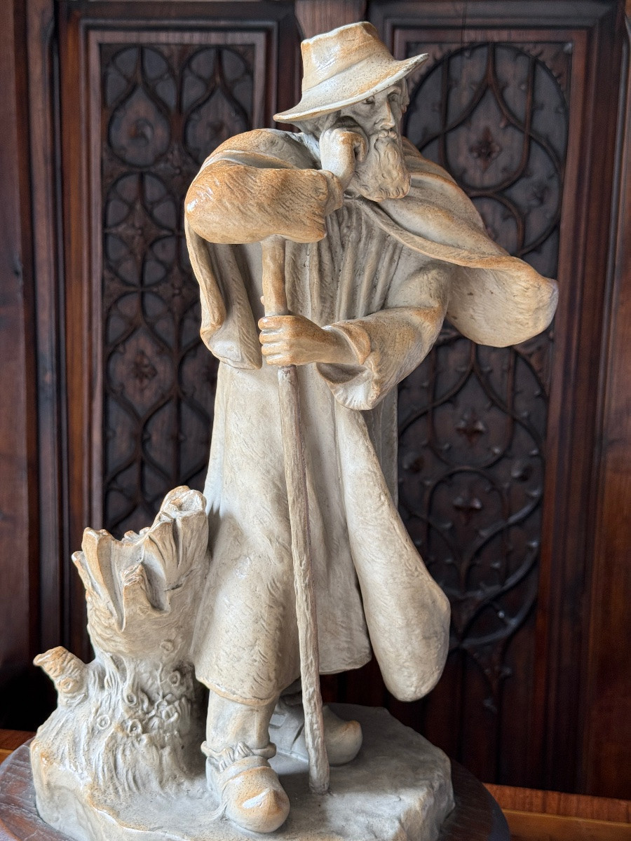 SEVRES Sculpture en gr&egrave;s d&#039;un berger sur socle en bois, Sign&eacute;e D. Vincent,  S&egrave;vres, Vers 1900-photo-6