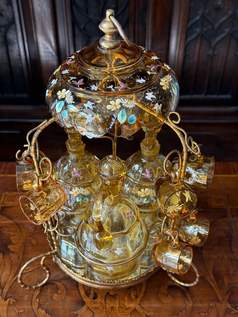 Gilded Brass Liqueur Service, Enamelled Crystal Carafes And Glasses, Napoleon III Circa 1860-photo-2